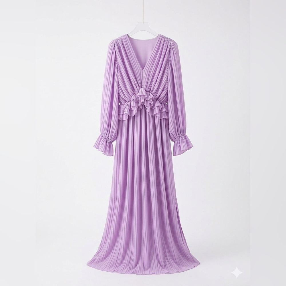 Whimsical Lilac Pleated Ruffle Maxi Dress Long Sleeve V-Neck Lavender Romantic